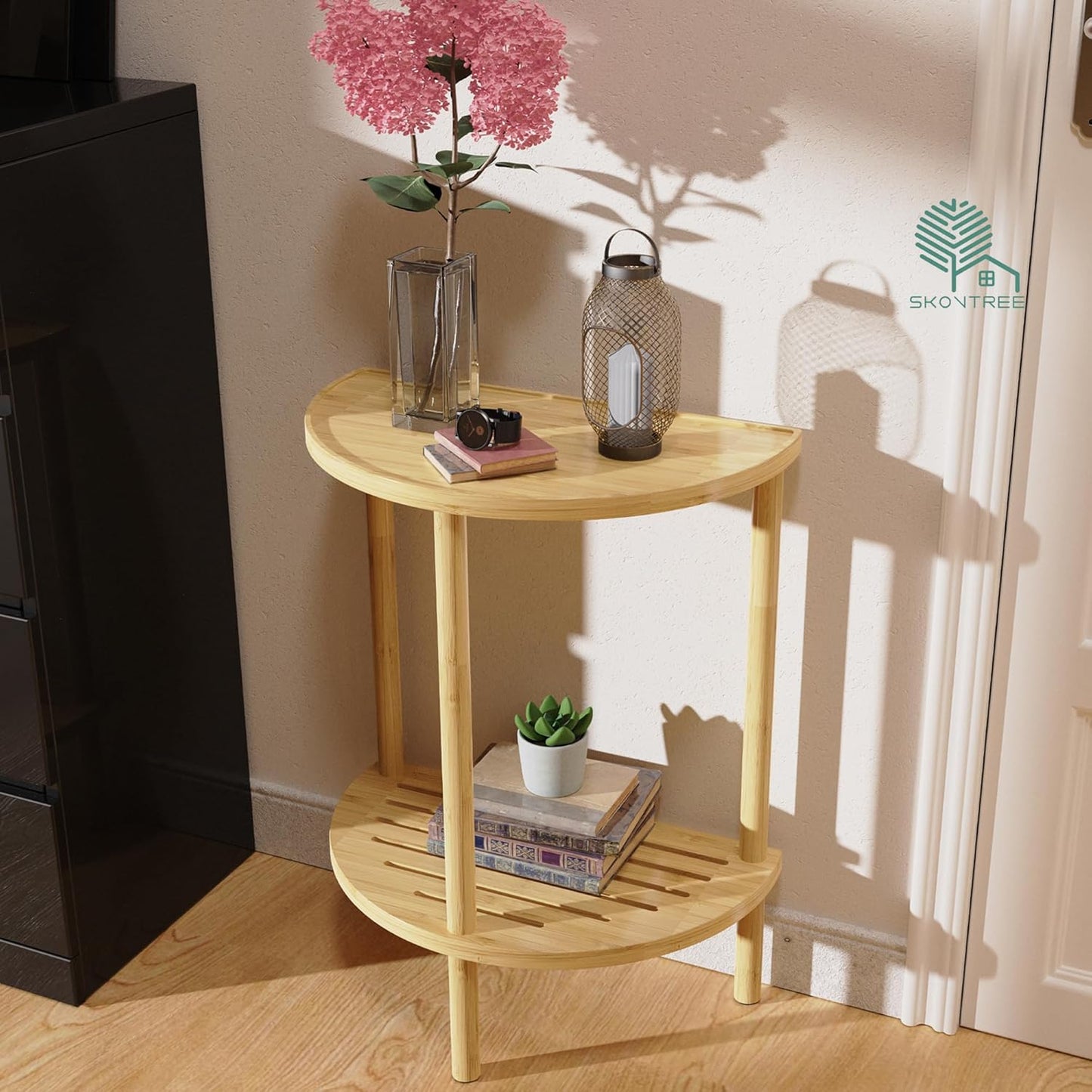 End Table, Half Moon Side Tables, Living Room Half Round 2 Tier Table for Small Space, Living Room Bedroom Couch Tables with Storage Shelf (Natural)
