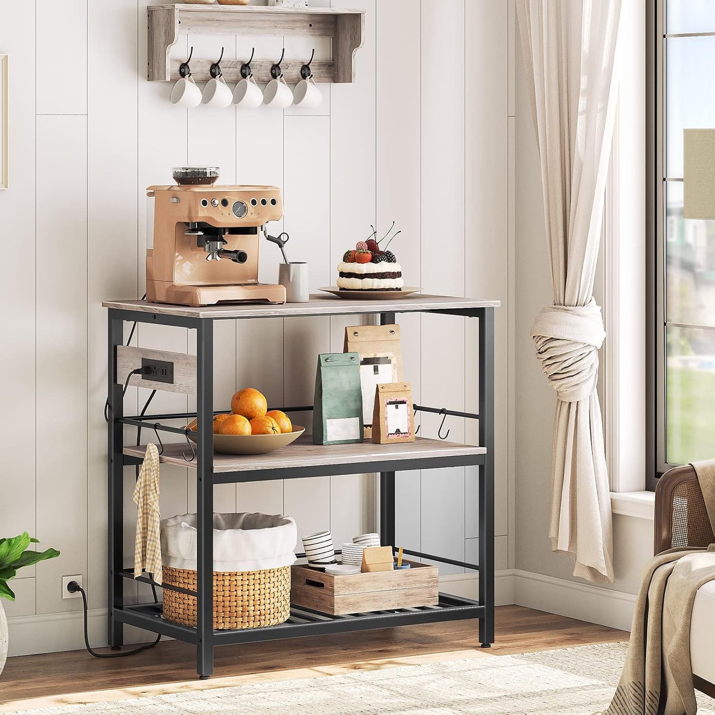 HOOBRO Kitchen Island with Storage, Kitchen Island Table with Power Outlet, 3 Tier Coffee Station and Microwave Stand, for Home, Dining Room, Greige and Black BG021ZD01