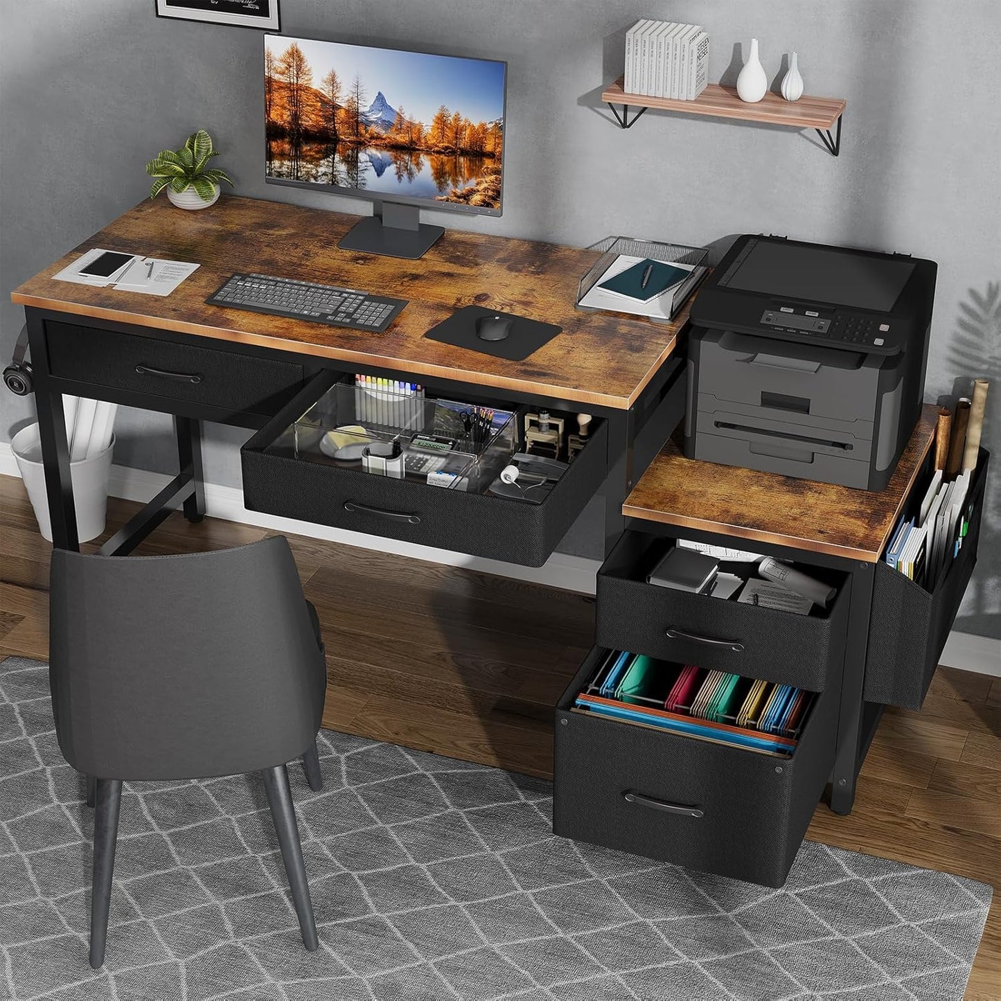 Lufeiya Computer Desk with Fabric File Drawers Cabinet, 57 Inch Home Office Desks with Filing Cabinet Printer Stand for Small Space, Study Writing Table PC Gaming Desks for Bedroom, Brown Black