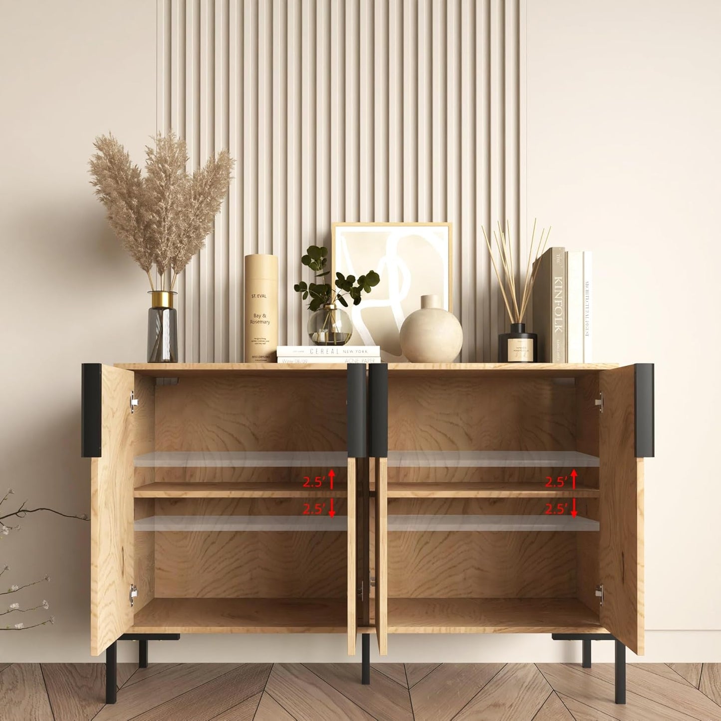 4 Doors Sideboard Buffet Cabinet with Adjustable Shelves, Modern Accent Sideboard with Golden Legs, Wide Storage Cabinet for Kitchen, LivingRoom,Natural