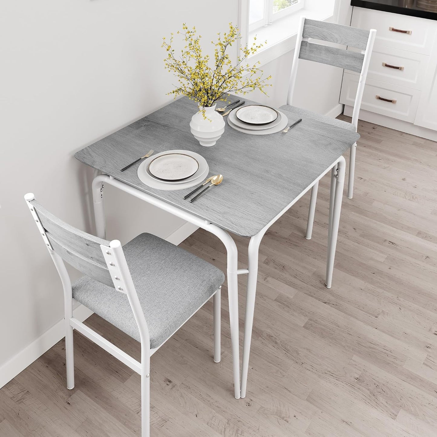 Dining Table for 2, Small Table and Chairs Set of 2, Square Dinette Set for 2, 3 Piece Kitchen & Dining Room Sets for Small Space (White, Table with 2 Upholstered Chairs)