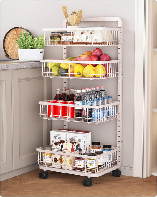 UMDONX 4-Tier Kitchen Storage Cart Metal Snack Cart Adjustable Fruit Basket on Wheels Stand Baskets for Potato Onion Produce White