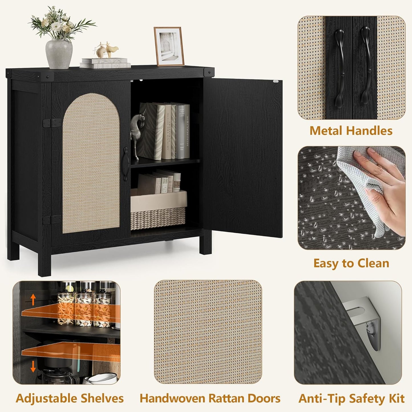 IDEALHOUSE Rattan Buffet Cabinet with Storage, Sideboard with Synthetic Rattan-Accent Doors, Adjustable Shelves, Storage Cabinet for Living Room Dining Room Hallway, Black