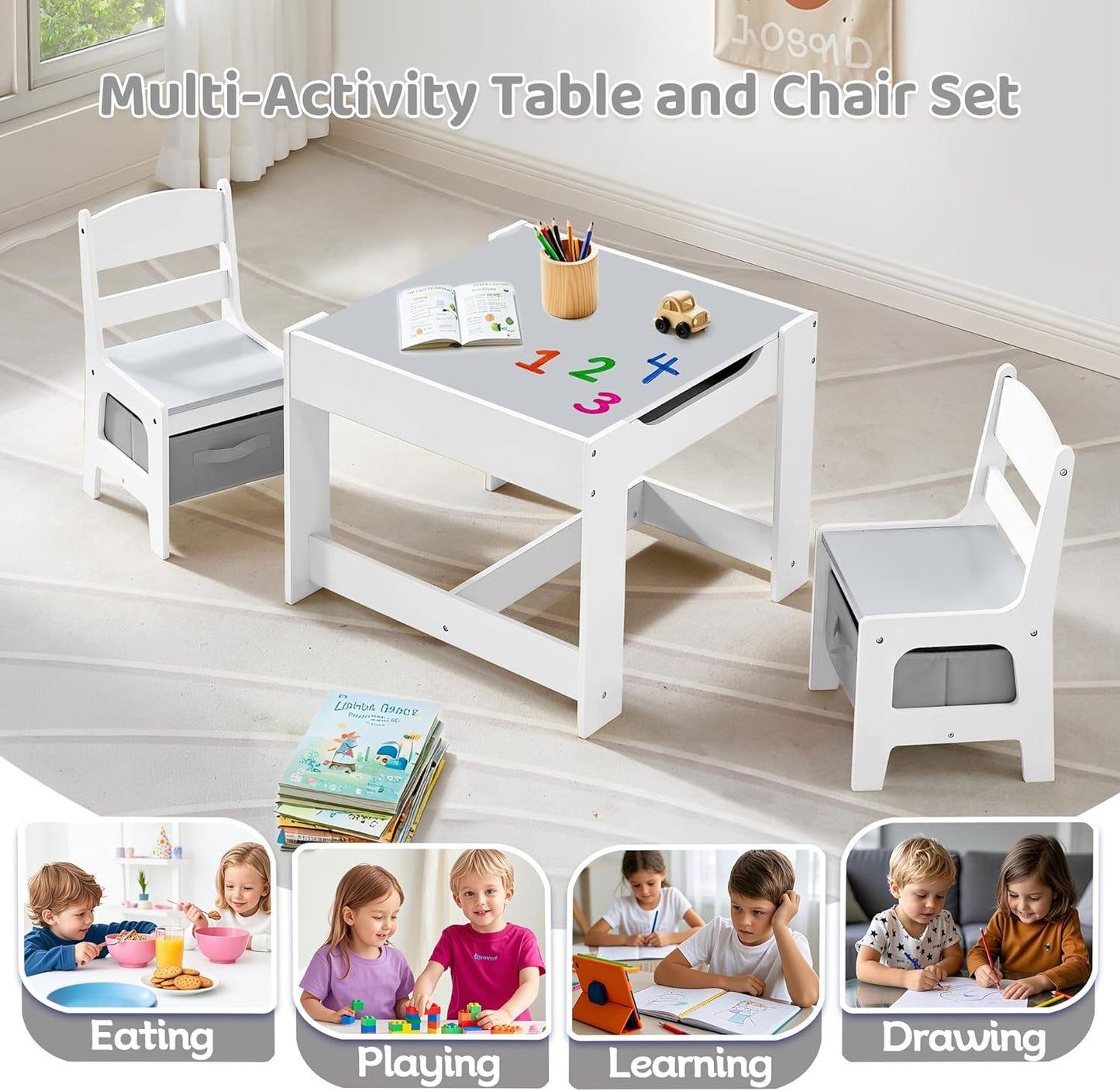 Kids Table and Chairs Set, 4 in 1 Wooden Kids Table with Reversible Tabletop, Children Activity Table with Removable Tabletop Storage, Toddler Table and Chair Set for Home, Nursery, Playroom