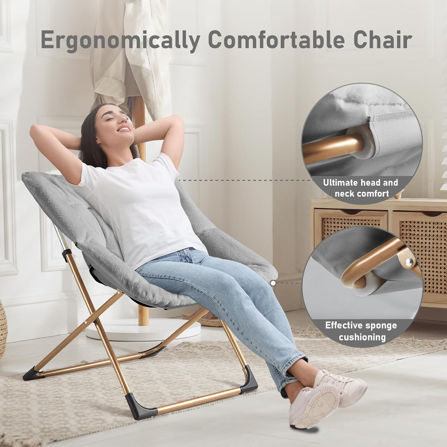 Comfy Oversized Saucer Chair, Soft Faux Fur Reading Lounge Chair for Adults, Stable X-Large Metal Frame and Non-Slip Pad, Foldable Cozy Chairs for Bedroom, Living Room, Dorm, Light Gray