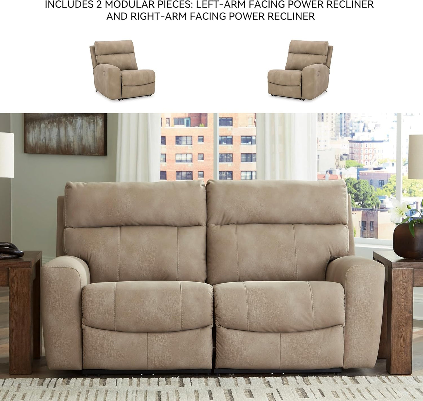 Signature Design by Ashley Next-Gen DuraPella Contemporary Faux Leather Modular Wall Hugger 2-Piece Power Reclining Sectional Loveseat with Adjustable Headrest and USB Ports, Light Brown