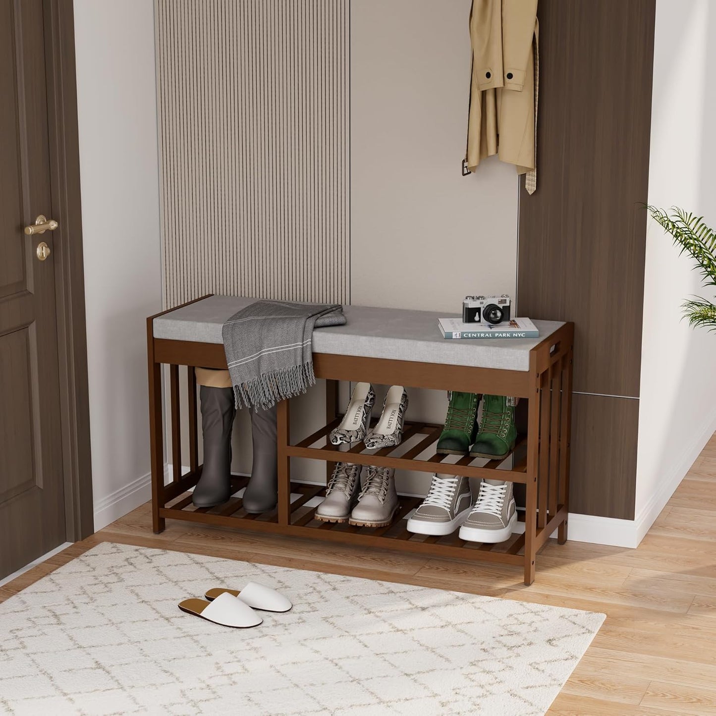 3-Tier Bamboo Shoe Rack Bench, Shoe Storage Organizer Bench, Entryway Benchs, Shoes Rack for Front Door Entrance, Entryway Bathroom Bedroom