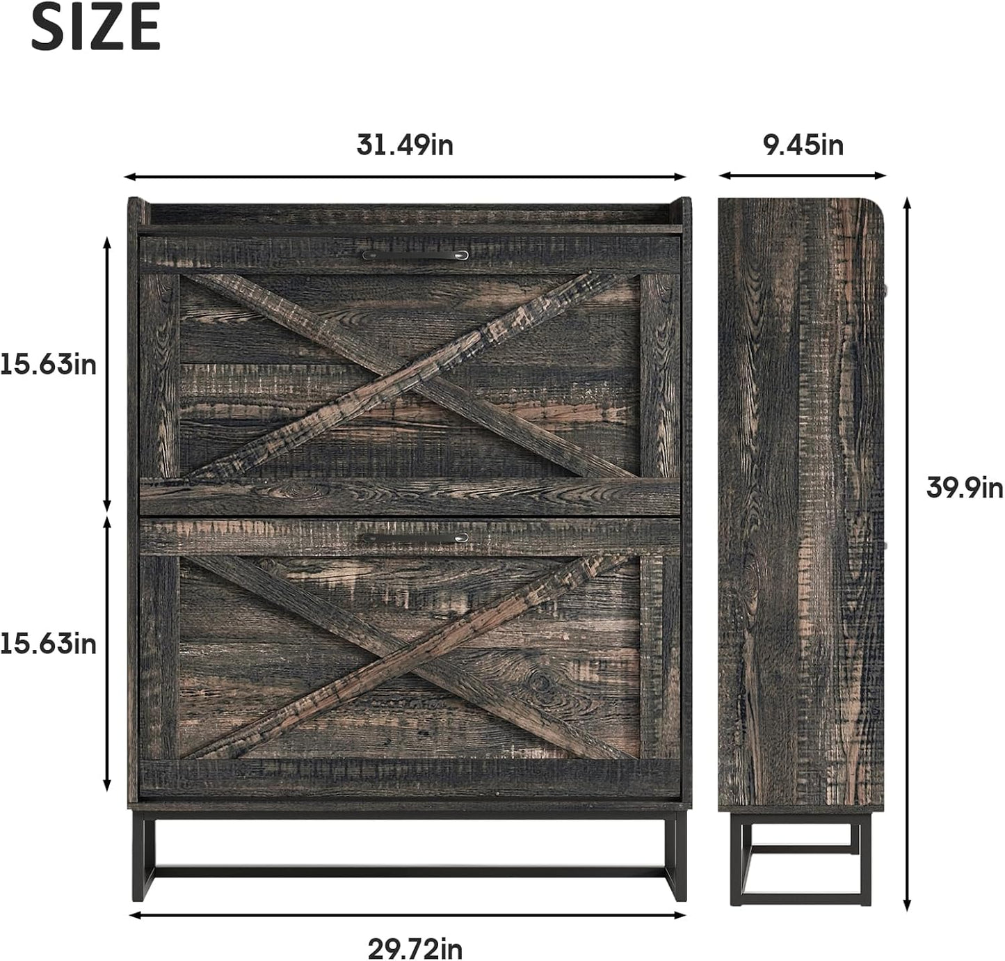 Maupvit Shoe Storage Cabinet with 2 Flip Drawers, Freestanding Organizer with Metal Legs for Entryway, Narrow Shoe Rack Cabinet, Dark Rustic Oak