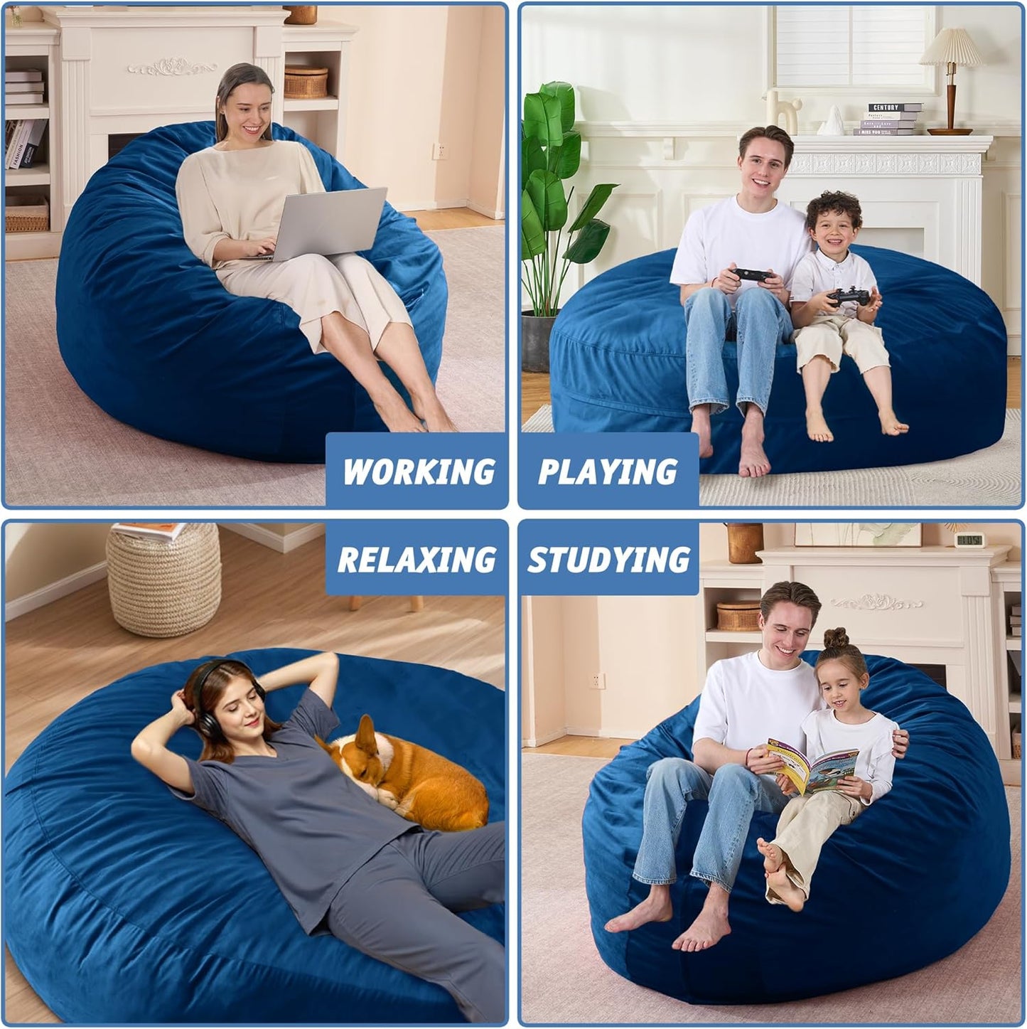 7FT Bean Bag Chair with Ultra Soft Velvet Cover Bean Bag Sofa with Memory Foam Bean Bag Chairs with Large Size Lazy Sofa for Dorm Office Living Room Bedroom Blue 7'
