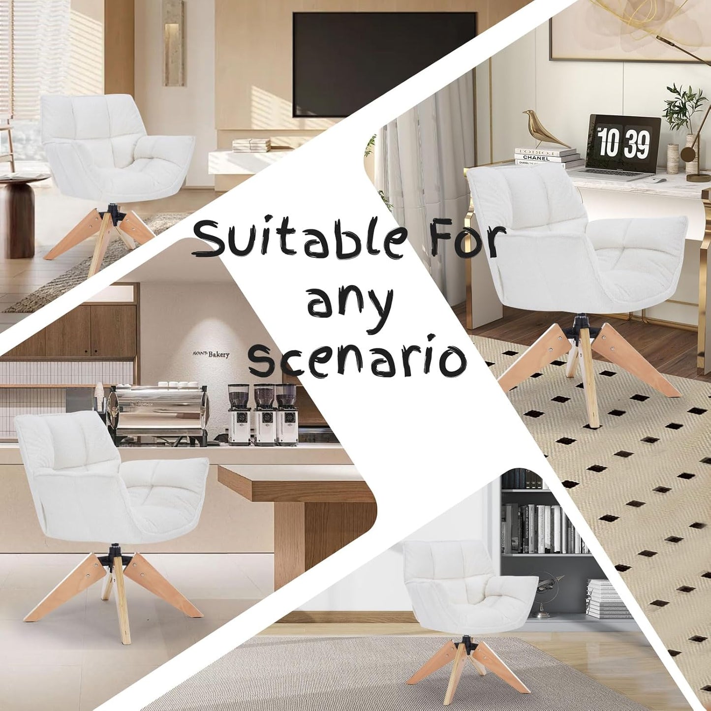 Mid Century Accent Chair, Lambs Wool Vanity Chair Modern Cozy Desk Chair no Wheels with Amrest, Wood Legs for Living Room, Reading Room, Bedroom, White