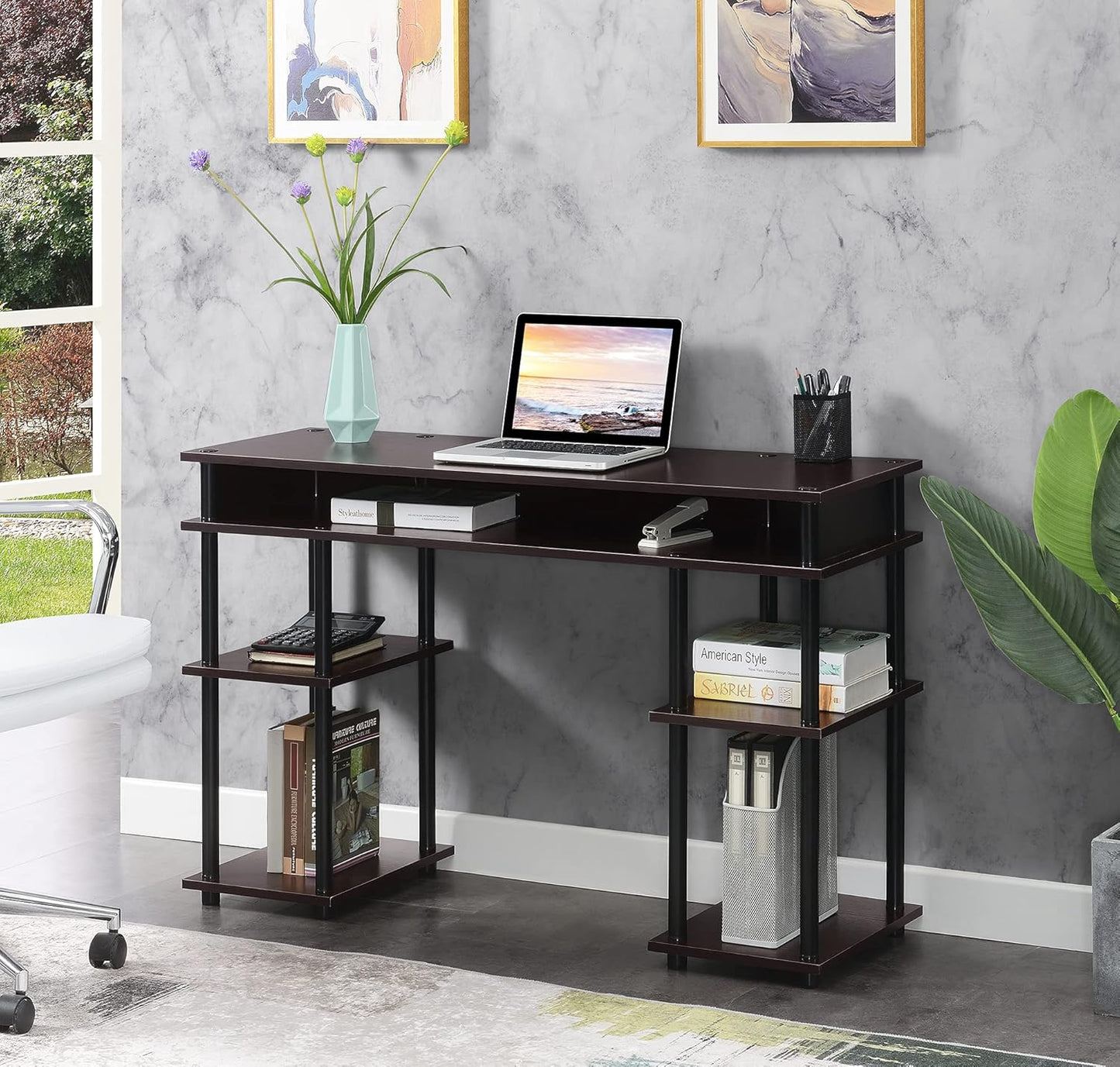 Convenience Concepts Designs2Go No-Tools Student Desk with Shelves in Espresso Wood Finish