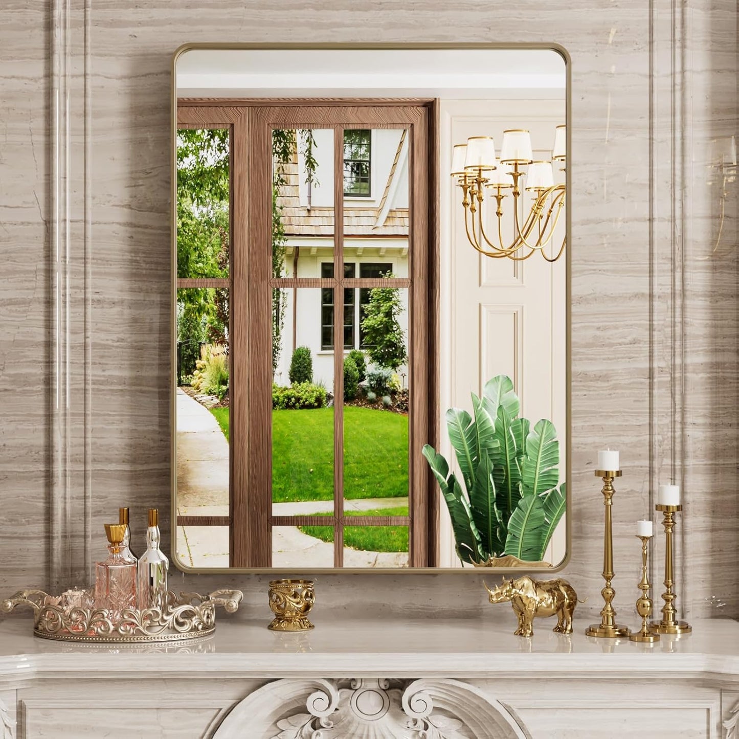Bronze Bathroom Mirror 24x32 Inch, Brushed Bronze Metal Frame Mirror for Wall, Rounded Rectangle Bathroom Vanity Mirror with Tempered Glass, Anti-Rust, Horizontal/Vertical