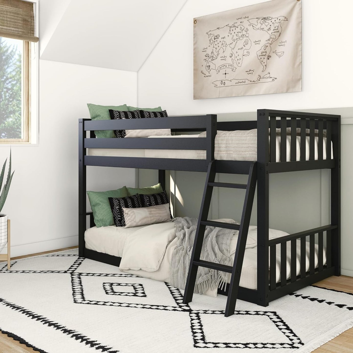 Max & Lily Low Bunk Bed, Scandinavian Modern Bunk Bed, Solid Wood Twin-Over-Twin Bed Frame for Kids, No Box Spring Needed, Black