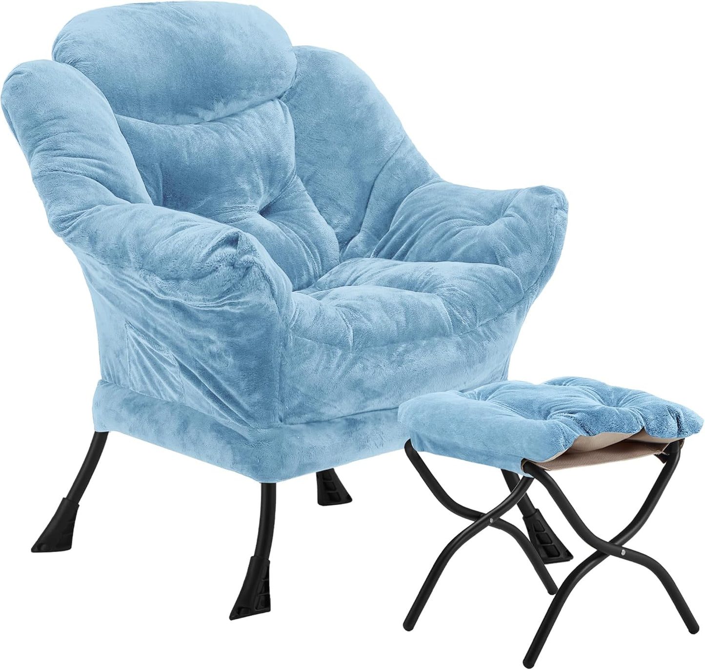 Fabric Lazy Chair with Ottoman, Oversized Upholstered Sofa Chair for Adults, Plush Comfy Lounge Chair with Large Side Storage Pocket, Reading Chair for Living Room, Bedroom, Study Room, Blue