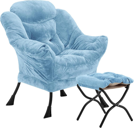 Fabric Lazy Chair with Ottoman, Oversized Upholstered Sofa Chair for Adults, Plush Comfy Lounge Chair with Large Side Storage Pocket, Reading Chair for Living Room, Bedroom, Study Room, Blue