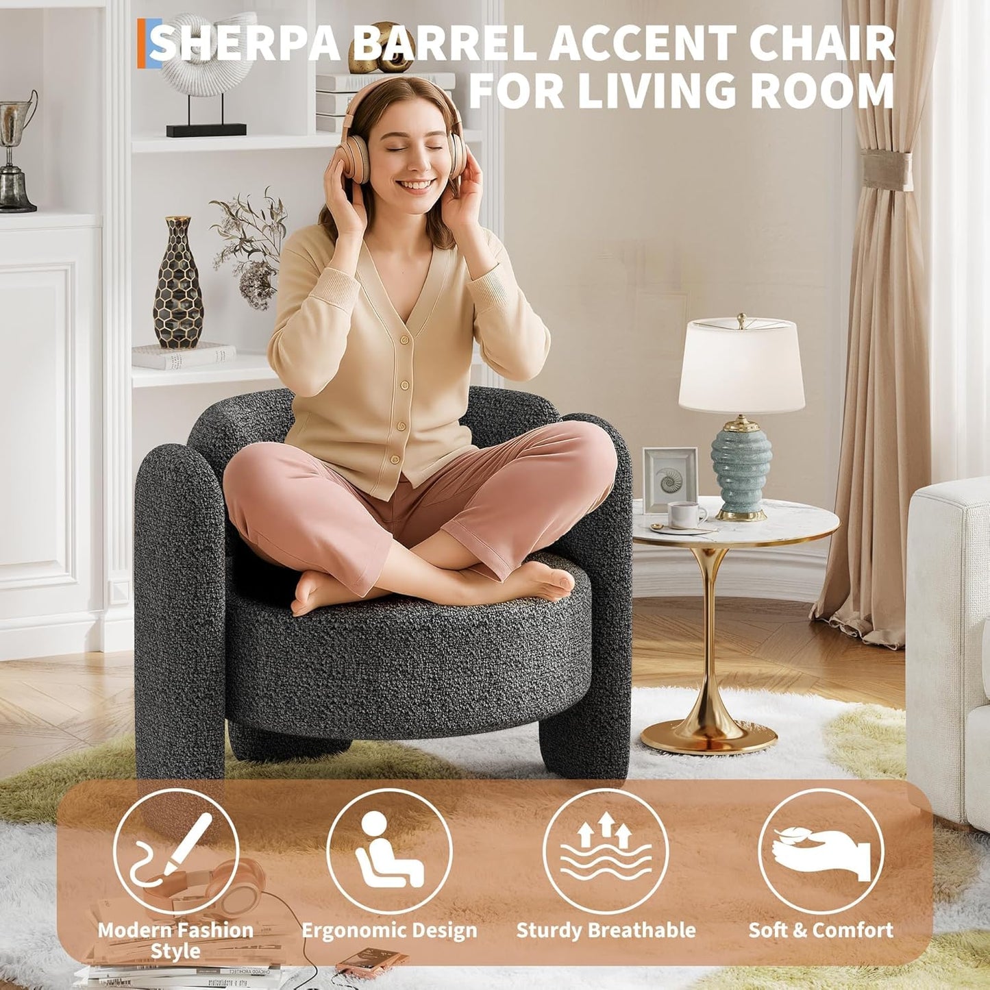 Modern Chenille Accent Armchair， Mid-Century Upholstery, Round Corners for Living Room, Bedroom, Office, or Cafe，Grey