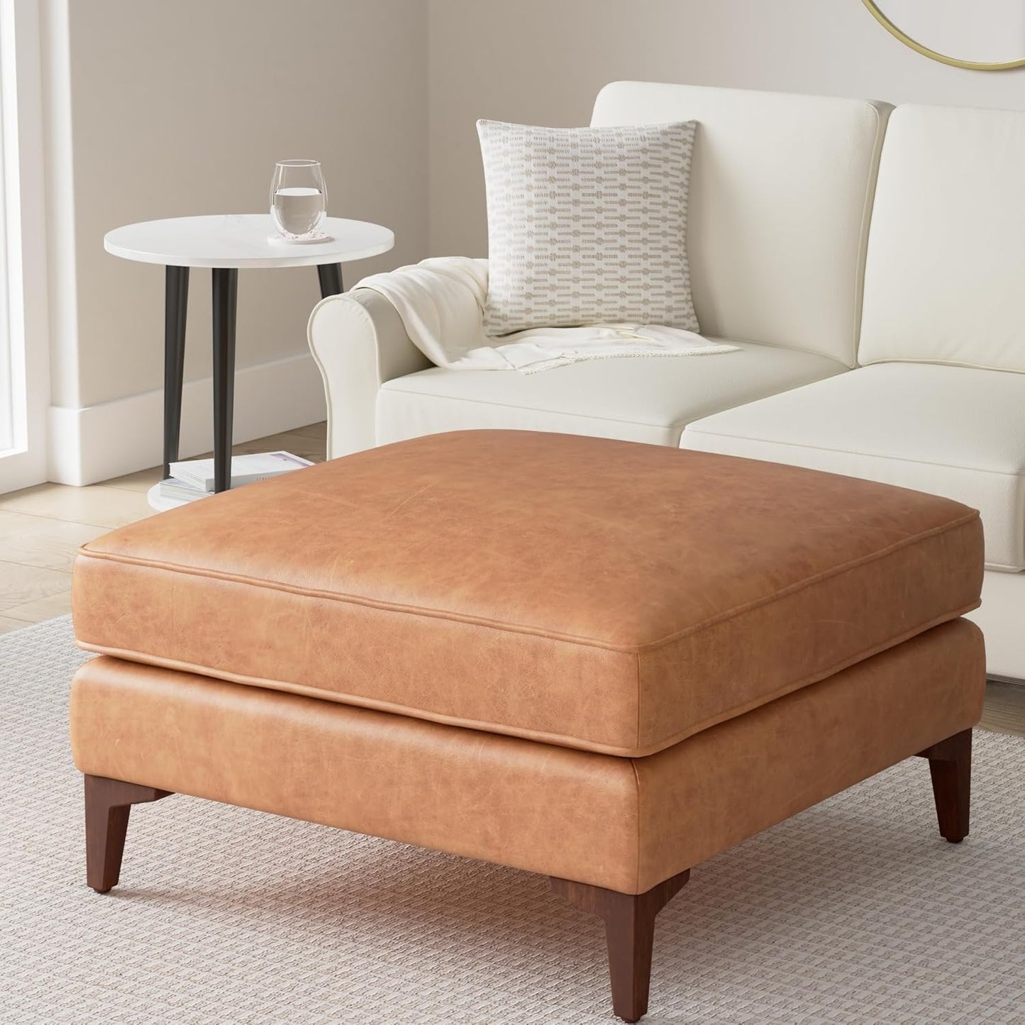 POLY & BARK Essex Ottoman - 35” Large with Feather-Down Topper - Full-Grain Leather Upholstered Ottoman - Couch for Living Room - Vintage Italian Leather in Cognac Tan