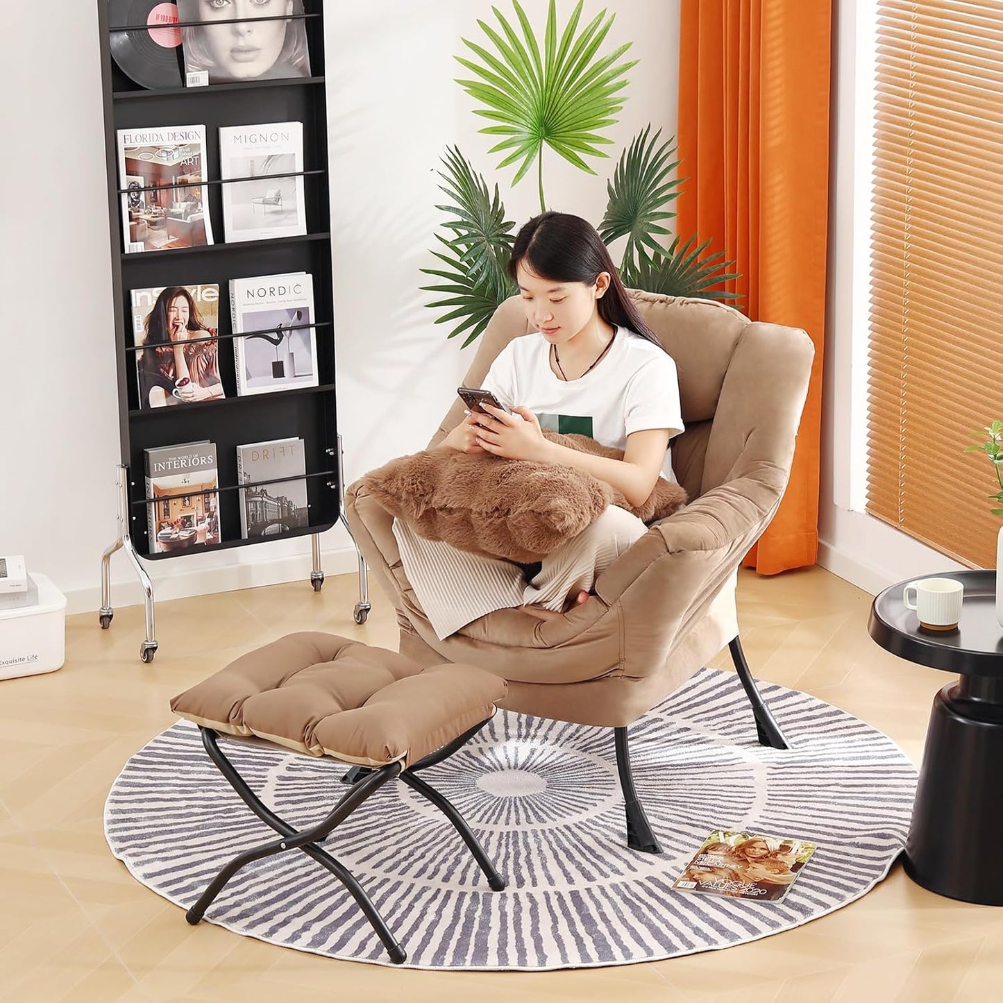 Large Lazy Chair with Ottoman, Accent Reading Chair with a Throw Pillow, Cozy Lounge Chair with Armrest, Leisure Sofa Chair for Living Room, Bedroom, Dorm, Khaki