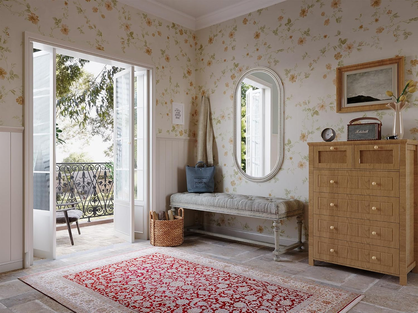 Boho Oval Mirror, 24" x 48" White Beaded Tall Farmhouse Mirrors Antique Oval Bathroom, Wooden Rustic Decorative Mirror for Wall, Bedroom, Dining Room, Hallway