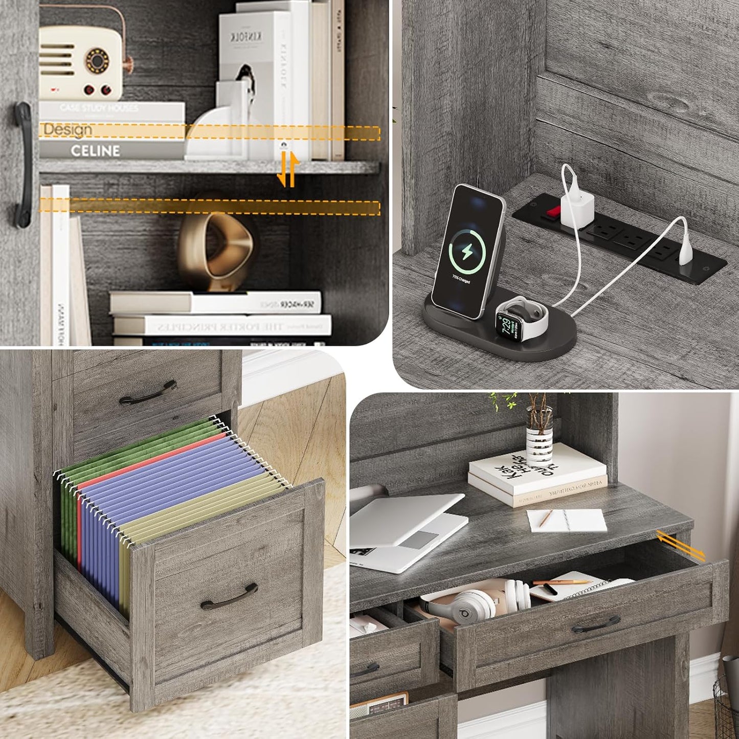 Farmhouse 67" H Executive Desk with Hutch,Office Desk with 4 Drawers and LED Light, Computer Table with Storage Cabinet & File Drawers and Charging Station, Wood Workstation for Home Office and Study