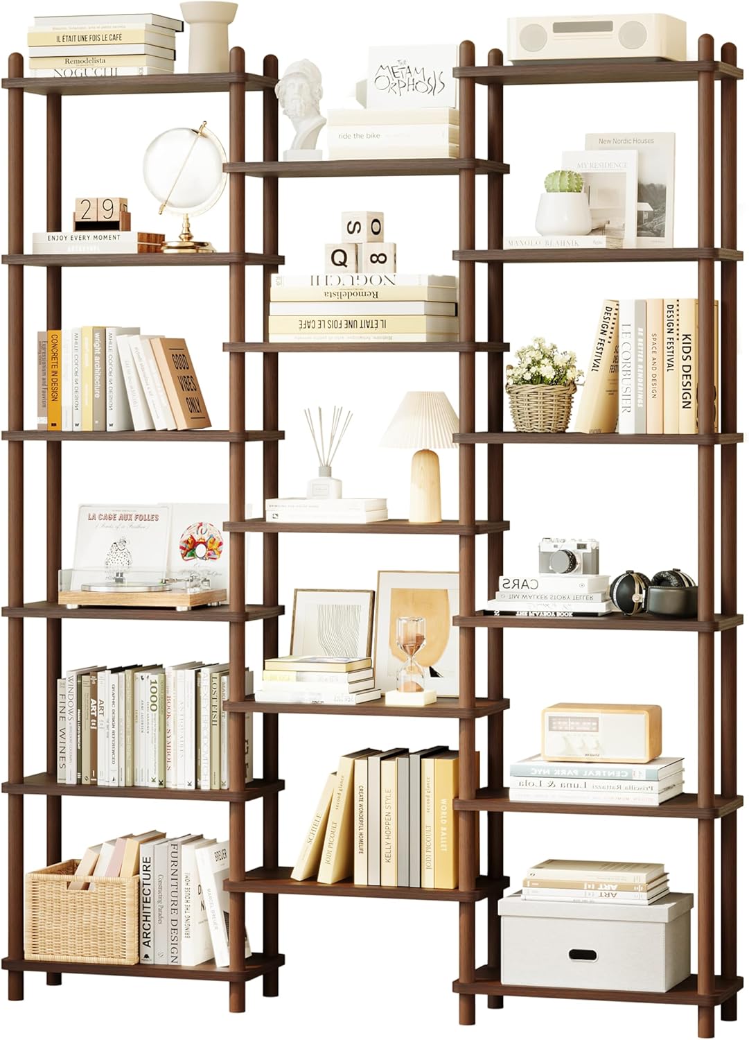 IOTXY Wooden Triple Wide Bookshelf - 6-Tier Large Shelf Bookcase with Solid Beech Frame, Tall Freestanding Open Etagere Display Rack for Home Office, Walnut