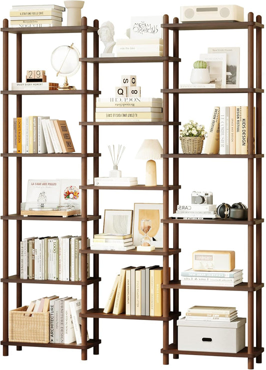 IOTXY Wooden Triple Wide Bookshelf - 6-Tier Large Shelf Bookcase with Solid Beech Frame, Tall Freestanding Open Etagere Display Rack for Home Office, Walnut