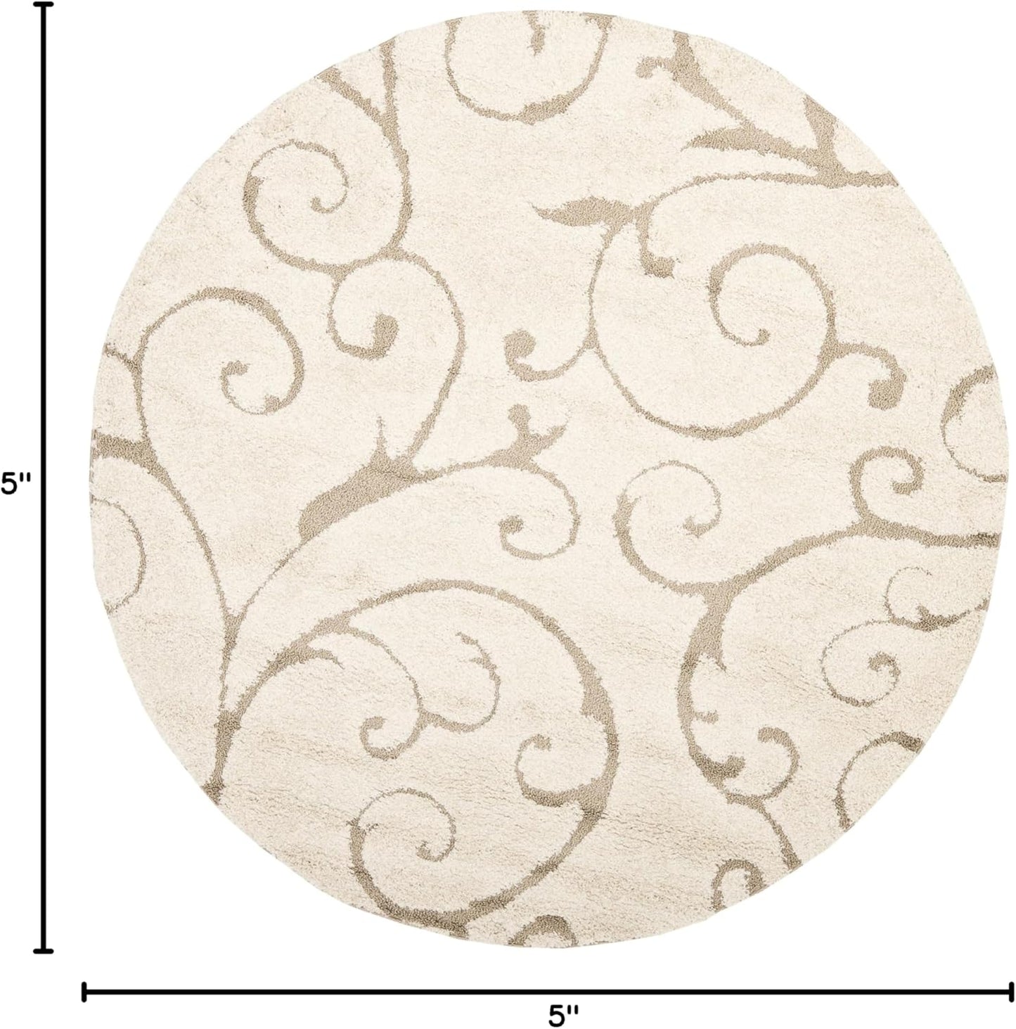 SAFAVIEH Florida Shag Collection Area Rug - 5' Round, Cream & Beige, Scroll Design, Non-Shedding & Easy Care, 1.2-inch Thick Ideal for High Traffic Areas in Living Room, Bedroom (SG455-1113)