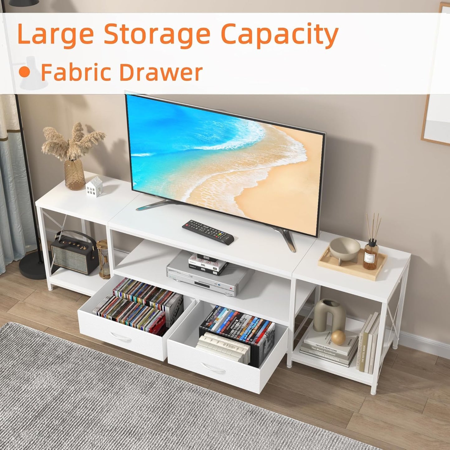 TV Stand with Fabric Drawers for 55 60 65 Inches TV - Entertainment Center and Industrial TV Console Table with Open Storage Shelves for Living Room, Bedroom - 55.1" White