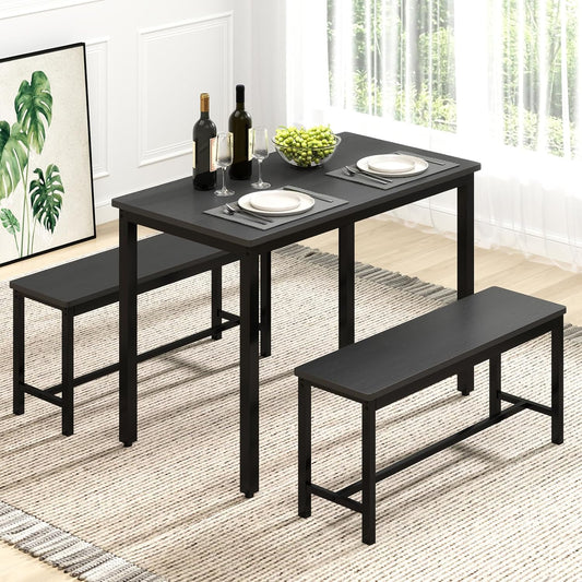 Rovibek 43" Dining Table Benches Set for 4, Modern Space Saving Kitchen Table Chairs & Adjustable Feet Breakfast Table 2 Benches, Wooden Industrial Style Farmhouse, Black
