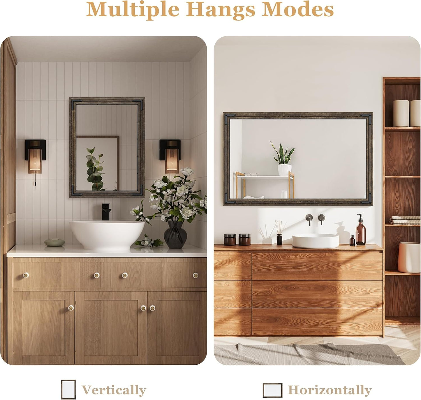 YOSHOOT Farmhouse Bathroom Mirror, Rustic Wood Mirror, Wooden Framed Vanity Mirror, Solid Wood & Handmade, Vertical or Horizontal Hanging for Bathroom Entryway Living Room Bedroom, 48" x 30", Brown