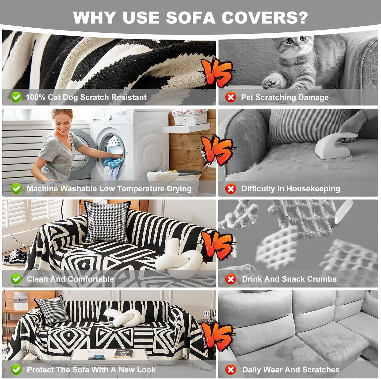 STACYPIK Reversible Boho Couch Cover Ivory Black Futon Armchair Slipcovecrs Anti-Slip Sofa Cover for Dogs Cats Geometric Triangle Couch Cover Versatile Furniture Protector for 2 Cushion Couch-71X90IN