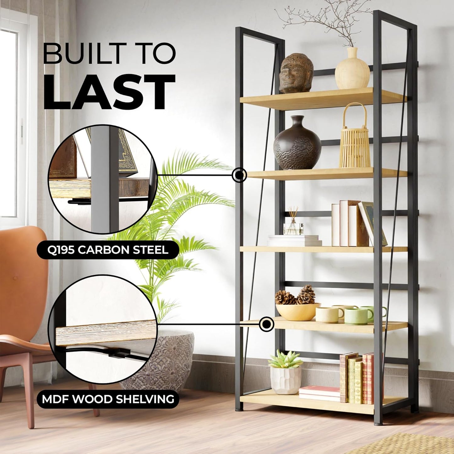 5 Tier Wood Book Shelf Organizer, No Assembly Bookshelf for Bedroom Living Room Office, Rustic Foldable Book Case, Tall Bookshelves, Open Book Shelves, Decorative Folding Shelf Display, Tall Bookcase