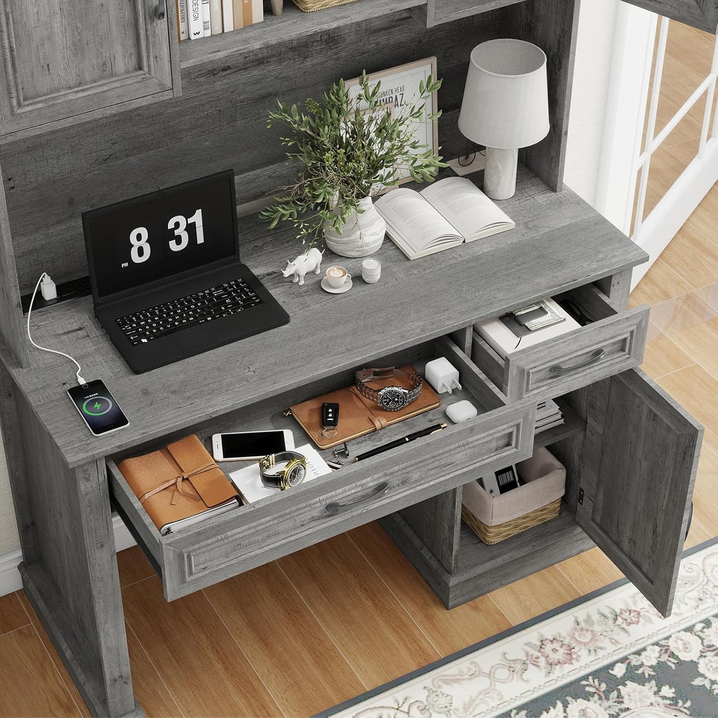 Farmhouse 47" Executive Desk with Hutch, 2 Drawers and LED Light, Computer Desk with Storage Cabinet and Charging Station,Workstation for Home Office and Study.Grey