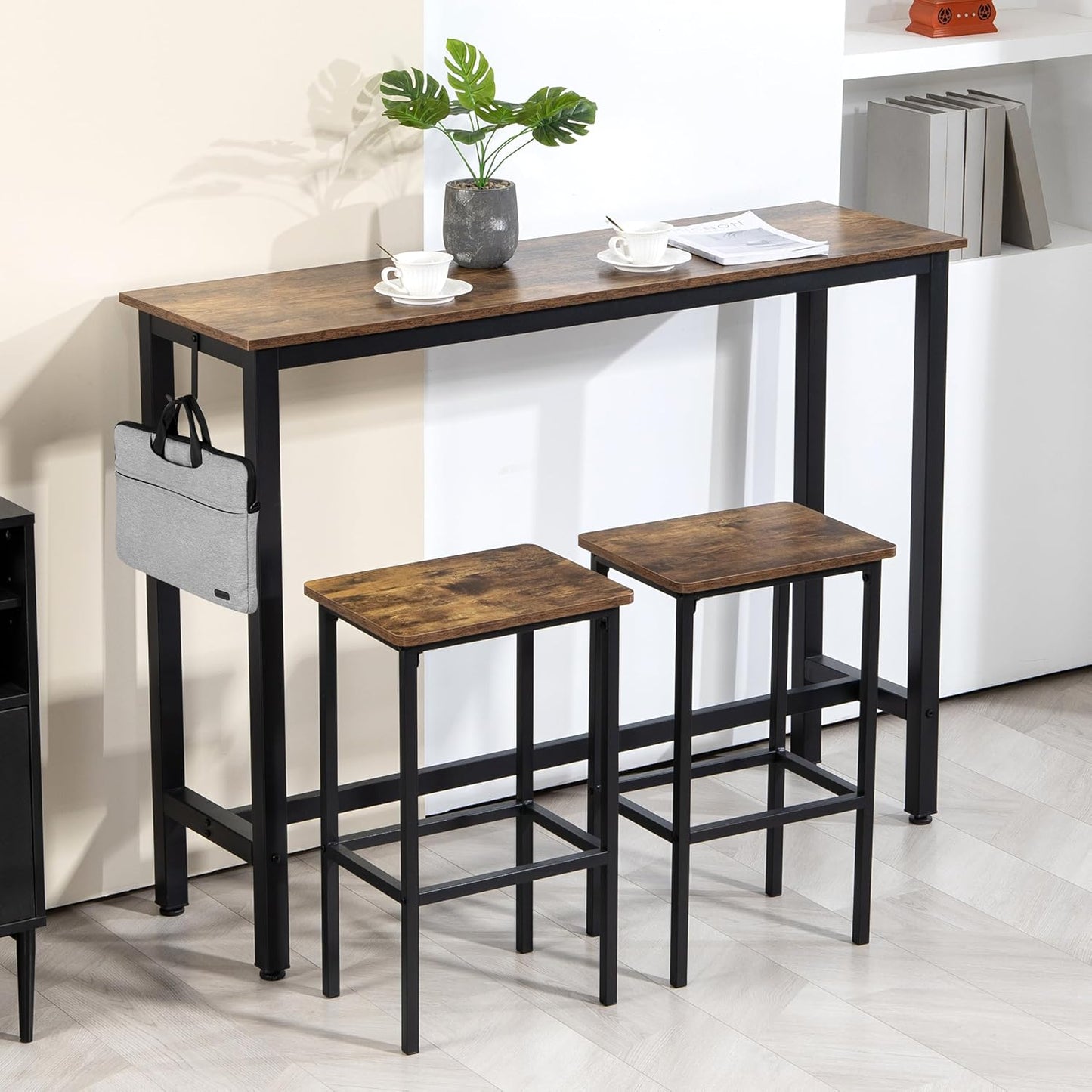 Finnhomy 52.7" Industrial Bar Table Set with 2 Stools - Counter Height Dining & Pub Table for Small Spaces, Kitchen, Apartment, Breakfast Nook - Metal & Wood, Space-Saving Furniture - Rustic Brown