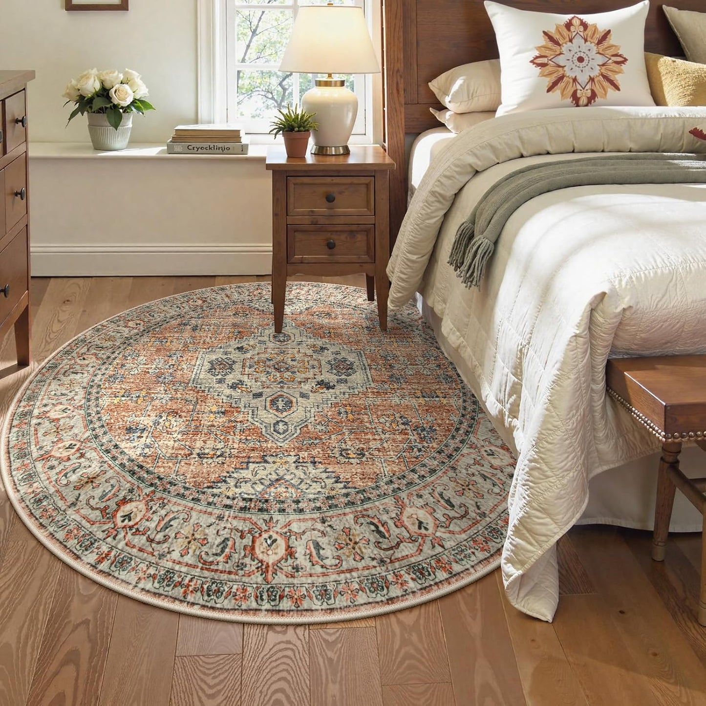 Lahome Oriental Washable Round Area Rug, Non-Slip Round Rugs 6ft Ultra-Thin, Soft Large Throw Circle Carpet for Living Room Bedroom Kitchen Nursery, Peach/Orange