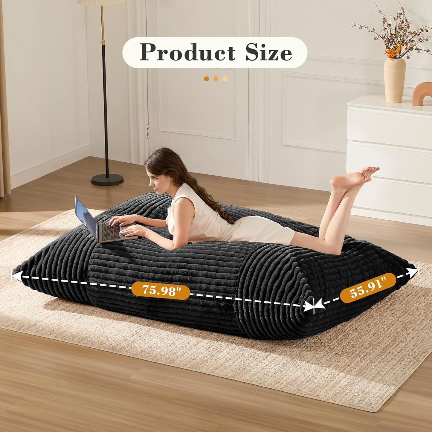 3-in-1 Giant Bean Bag Chair for Adults & Kid, Convertible Floor Sofa to Mattress, High-Density Foam Chair Bed with Washable Cover, Multi Functional Lounge Couch for Bedroom, Living Room (Black)