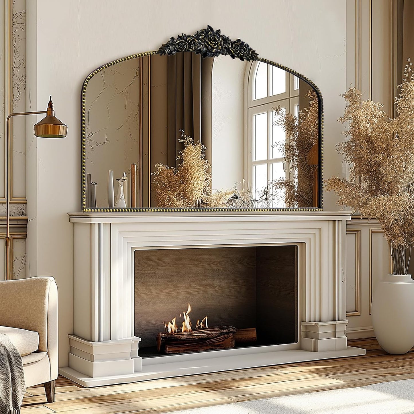 Antique Arched Black Mirror 48"x30", Traditional Victorian Vintage Mantel Mirrors with Ornate Metal Frame, Baroque Mirrors for Fireplace/Entryway/Dining Room/Living Room/Bathroom