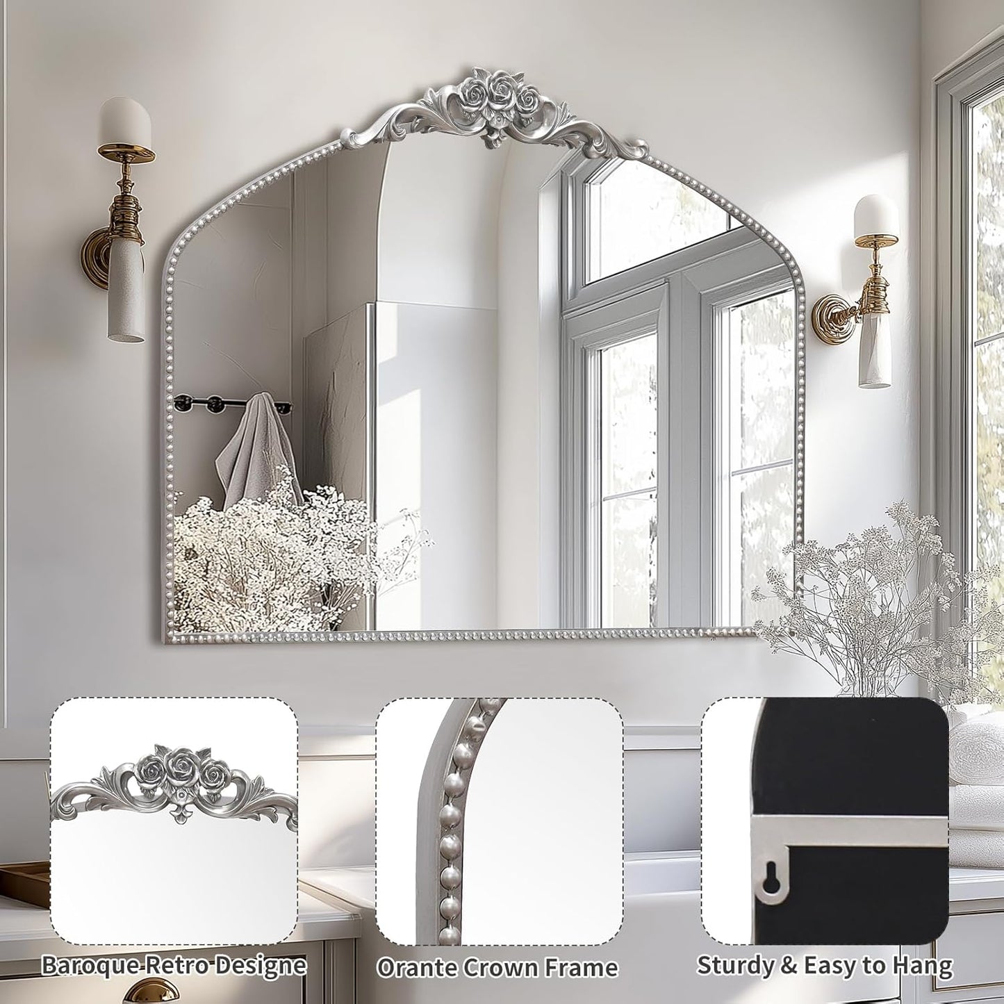 AIXI HOME Silver Arched Mirror, 40" x 30" Traditional Vintage Antique Mantel Mirror with Ornate Metal Frame, Baroque Wall Mounted Mirror for Entryway/Fireplace/Hallway/Bathroom/Living Room/Bedroom