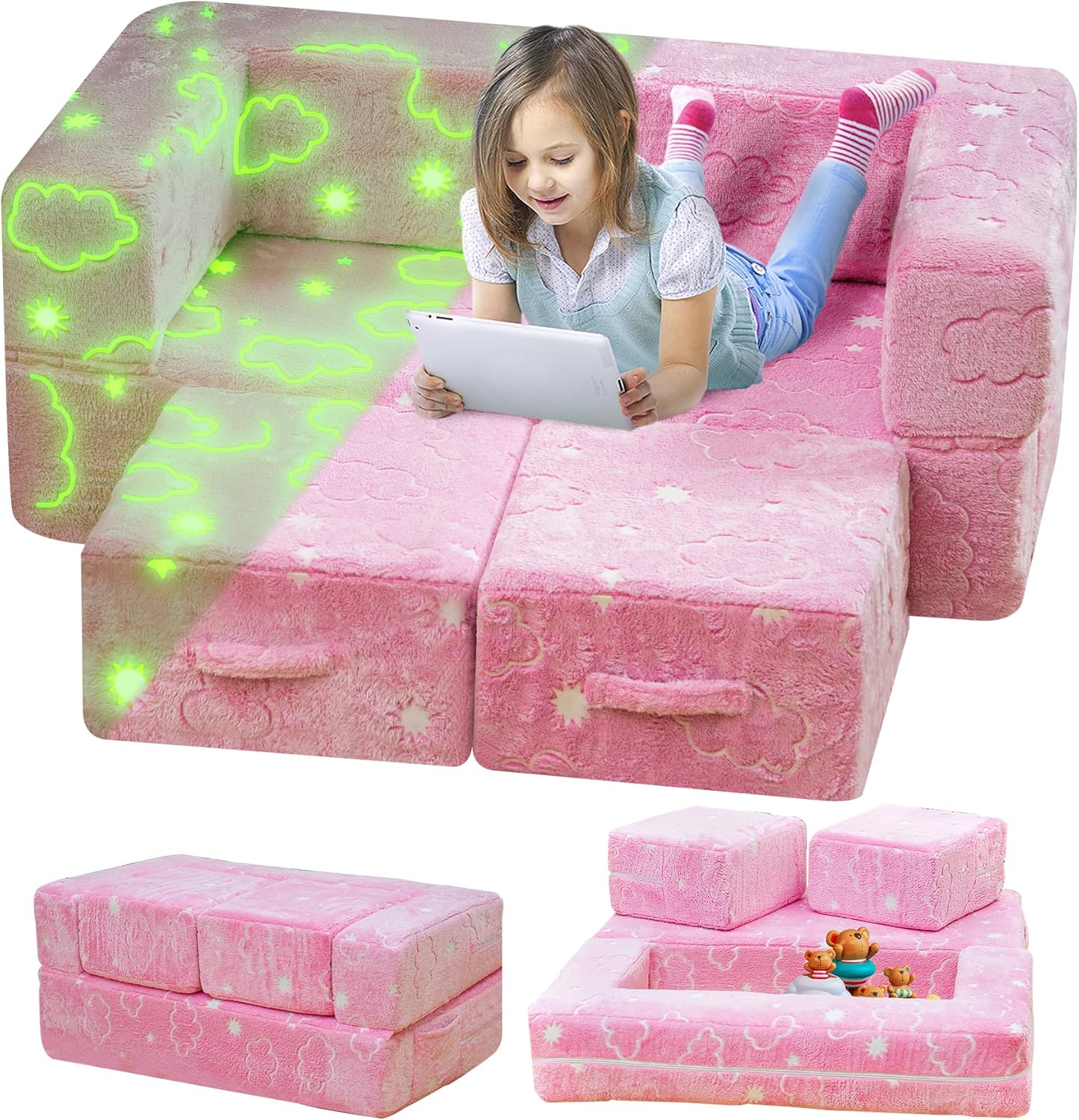 Lamerge Toddler Couch Glow in The Dark Toddler Fold Out Couch for playroom, Convertible Baby Fold Out Play Foam and Floor Cushion for Bedroom (Pink+Clouds)