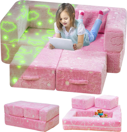 Lamerge Toddler Couch Glow in The Dark Toddler Fold Out Couch for playroom, Convertible Baby Fold Out Play Foam and Floor Cushion for Bedroom (Pink+Clouds)