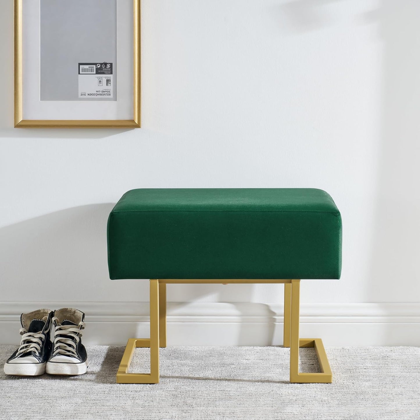 Modern Style Bedroom Single Seat Bench, Cushioned Bed end Stool, Living Room Sofa Stool, Footstool with Golden Iron Legs, Suitable for Bedroom and Living Room (Dark Green, 21.65"x15.74"X16.53")