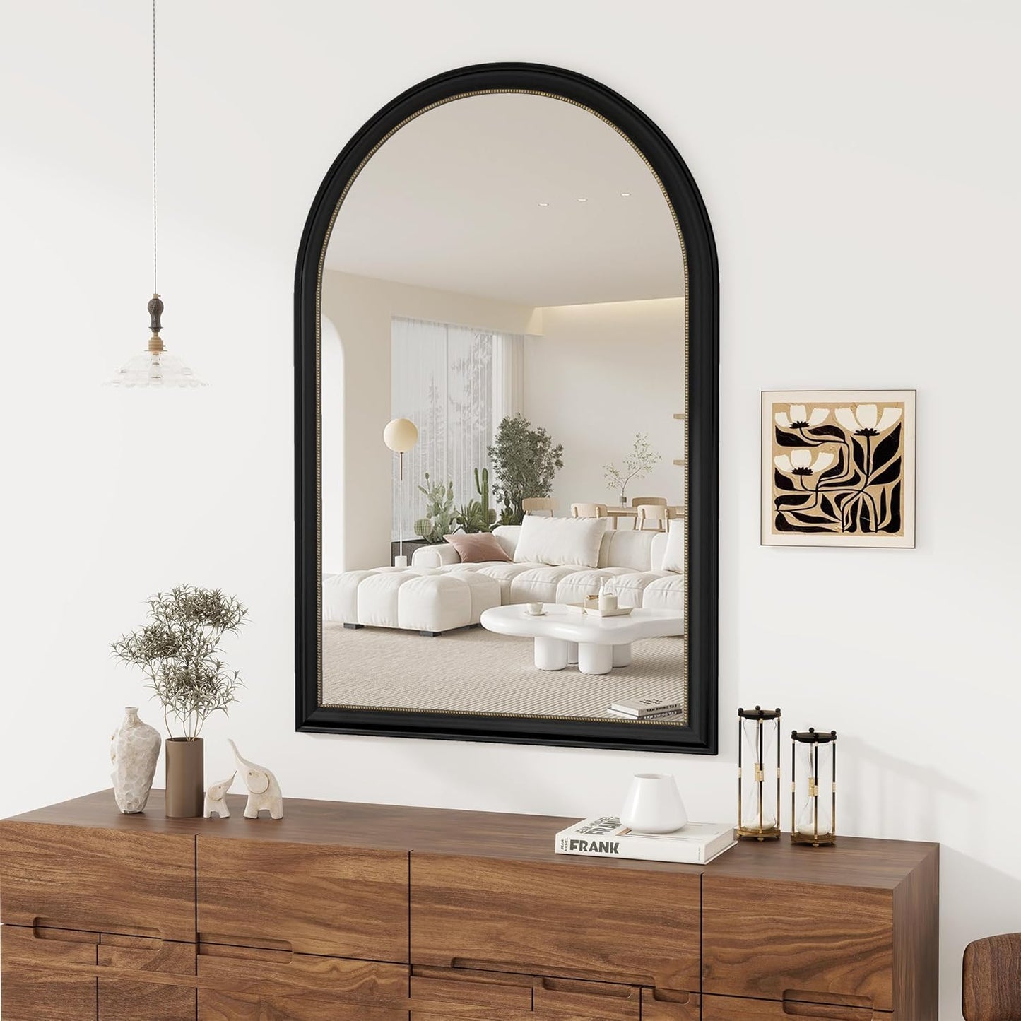 Axeman 32x48 Arched Wall Mirror, Decorative Bathroom Mirror, Traditional Vintage Wall Mounted Mirror with Beaded Frame for Accent Living Room Vanity Bedroom Entryway, Black