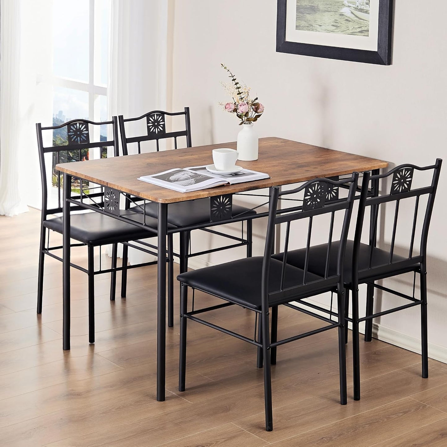 VECELO Kitchen Dining Room Table Sets for 4, 5 Piece Wood Rectangular Breakfast Nook, Dinette with PU Padded Chairs, Brown