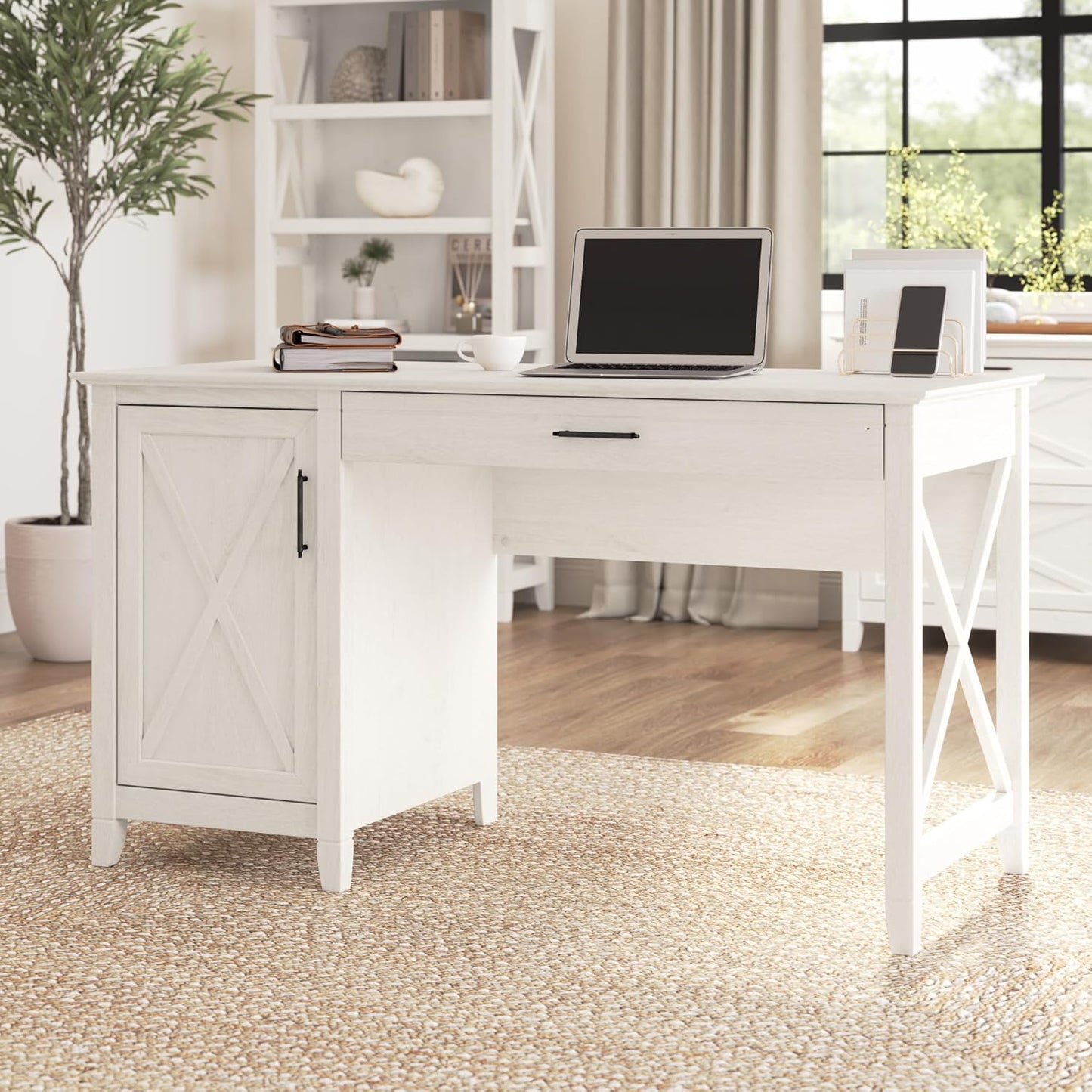 Bush Furniture Key West Computer Desk with Storage, Farmhouse PC Table for Home Office in Linen White Oak, 54W x 24D