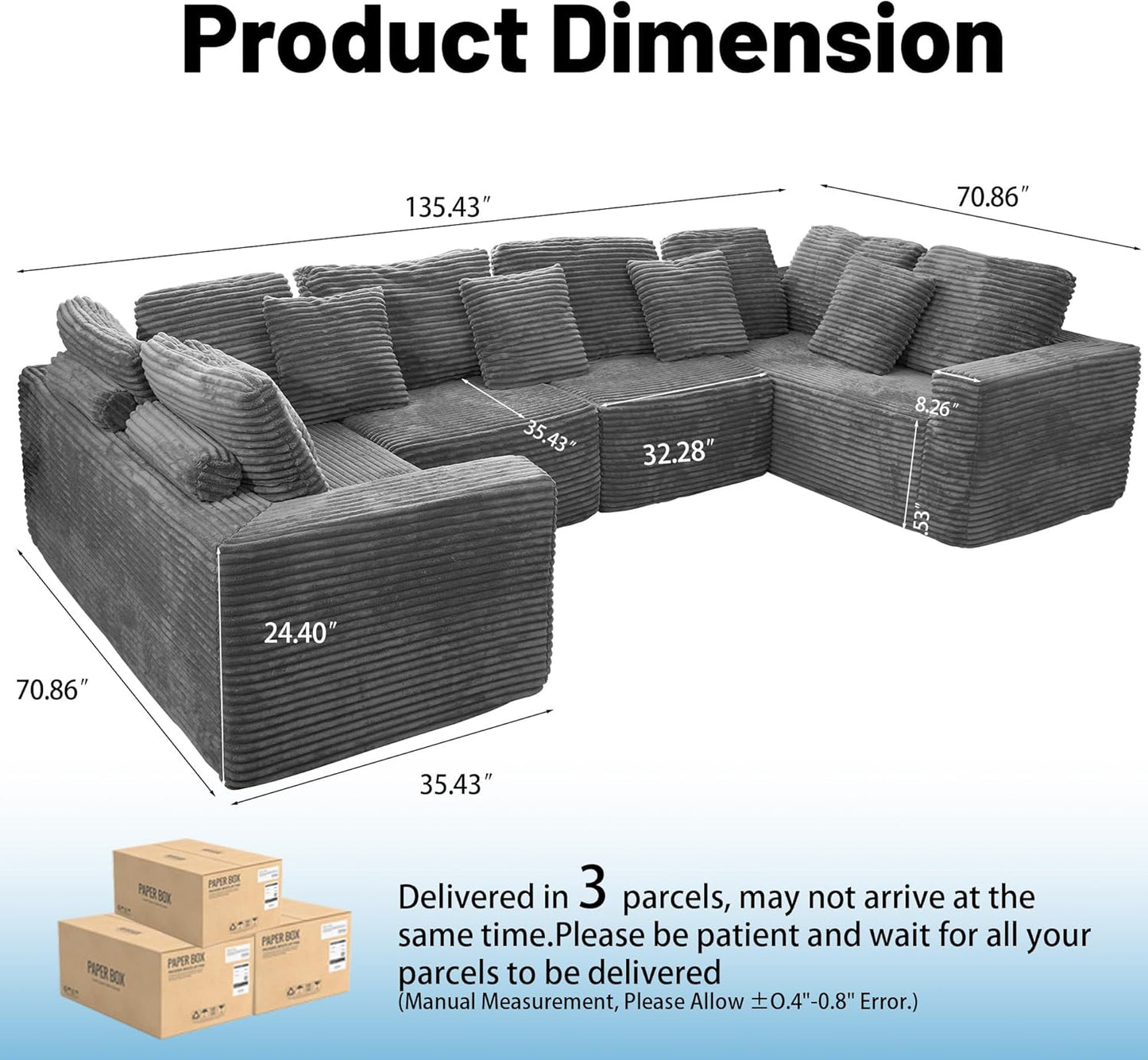 KEIKI 135" U Shape Sectional Sofa,6-Seater Modular Couch with Striped Corduroy Fabric for Living Room,Customizable Design