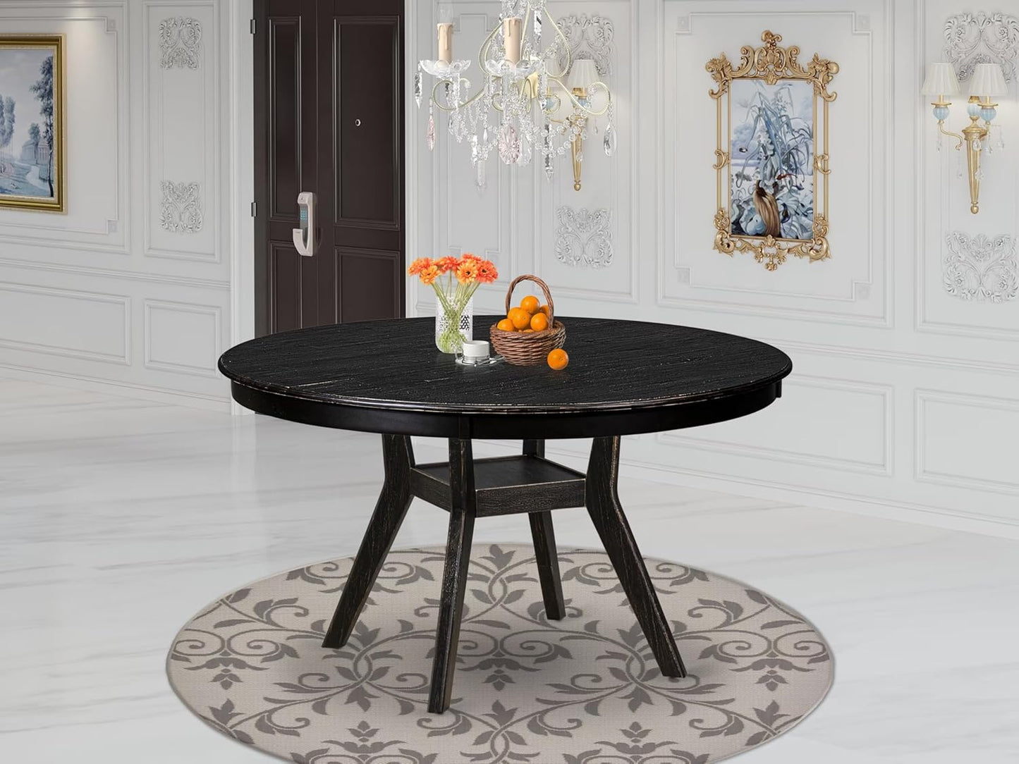 F58-11-TP - Kitchen Table with Acacia Wood Round Tabletop, Sand Blasted Black Finish