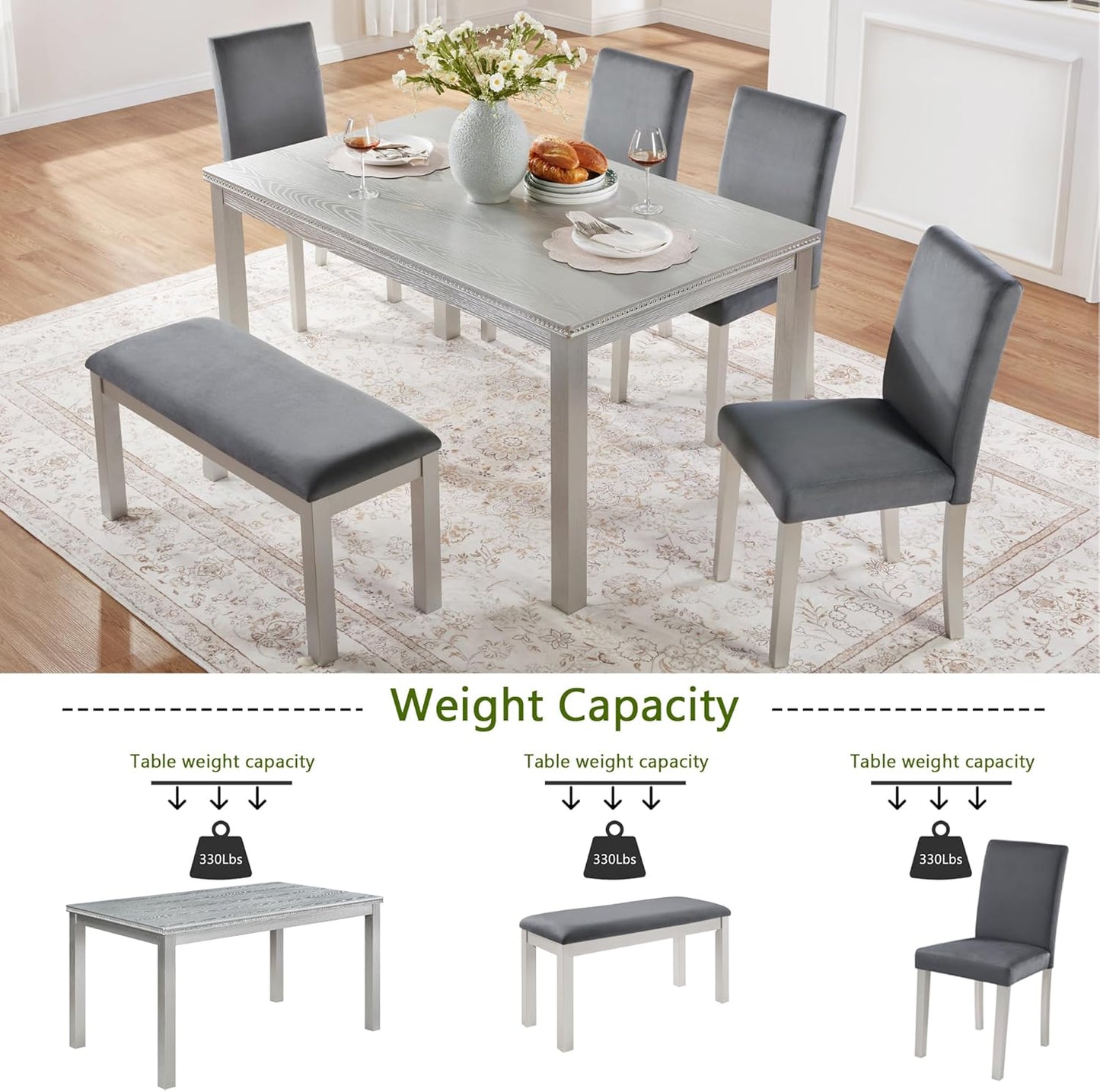 soges 6 Piece Wooden Dining Table Set, Wooden Dining Table with 4 Upholstered Chairs and Bench for 6 People, Rectangular Dining Table Set with Crystal Decoration for Kitchen, Dining Room, Silver Grey