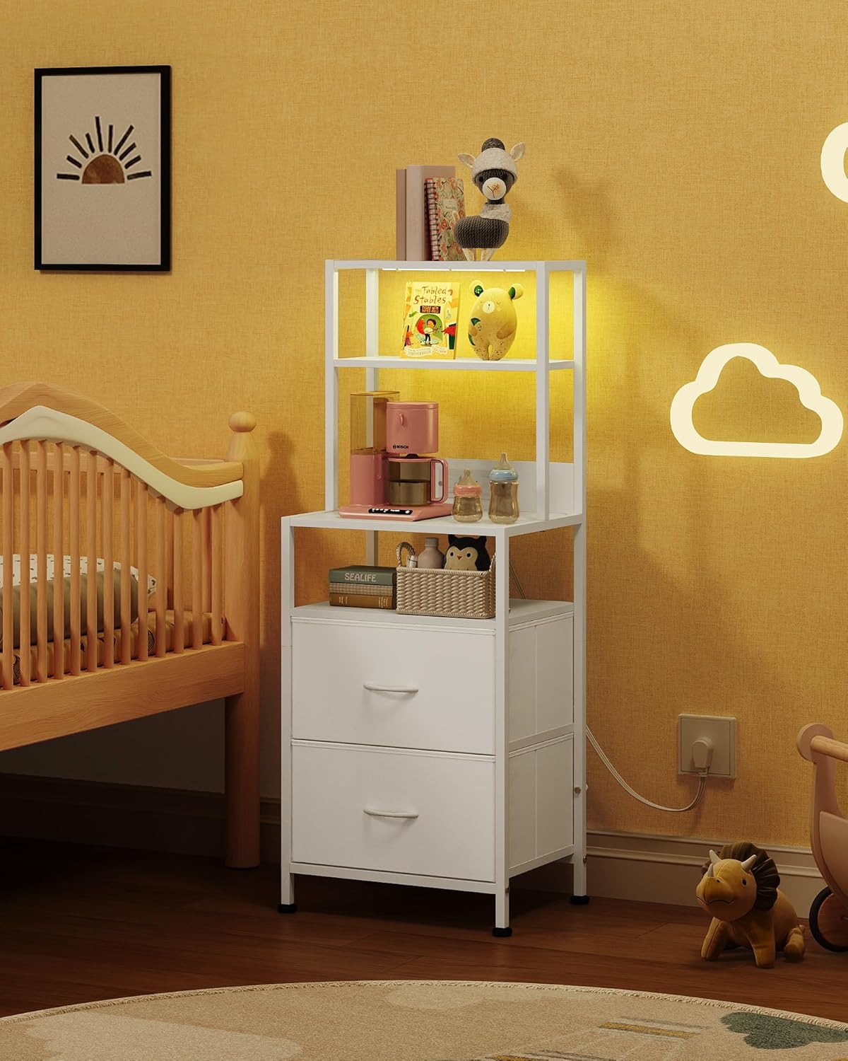 WLIVE Nightstand Set of 2 with Charging Station, LED Night Stands with 2 Fabric Drawers and 4 Storage Open Shelves, Bedside Table Sets for Bedroom, White