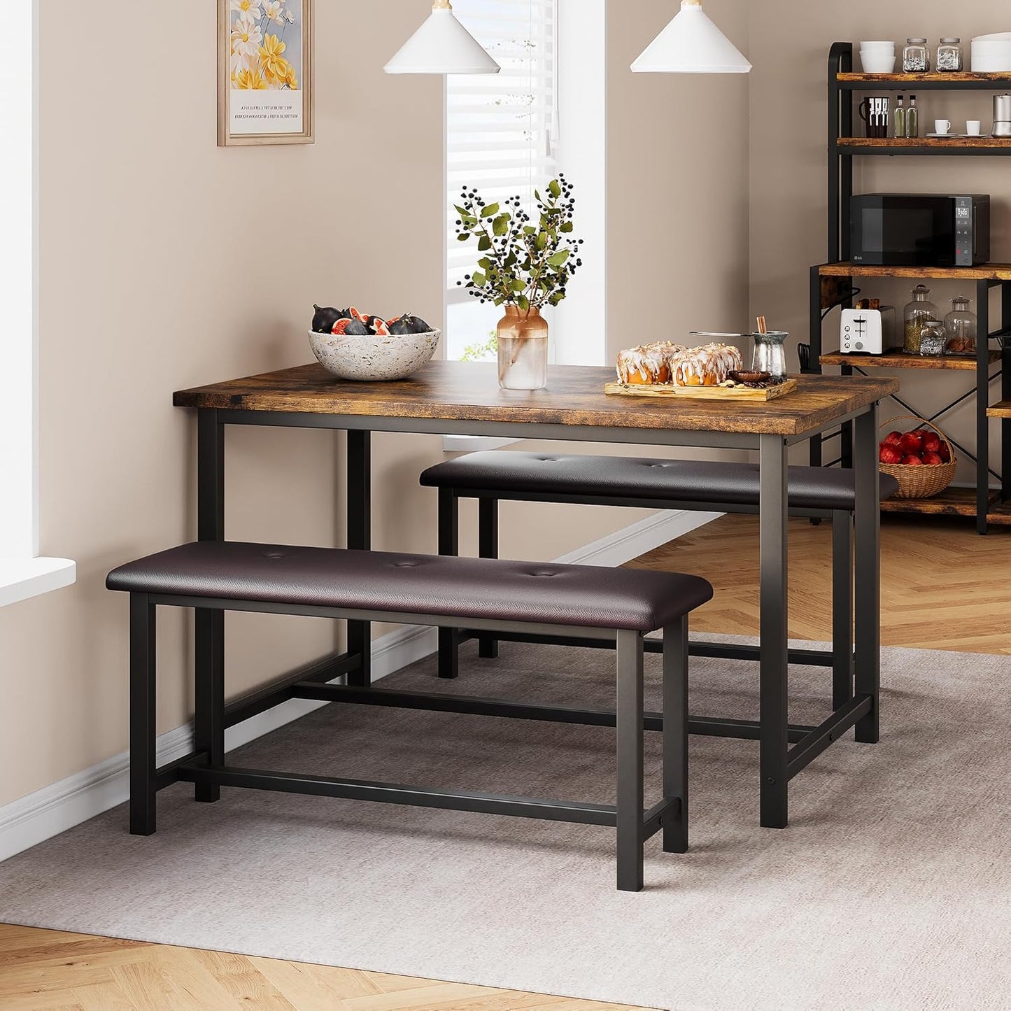 Dining Table Set for 4, Kitchen Table with 2 Upholstered Benches, 3-Piece Dining Room Set for Kitchen, Apartment and Small Spaces, Brown