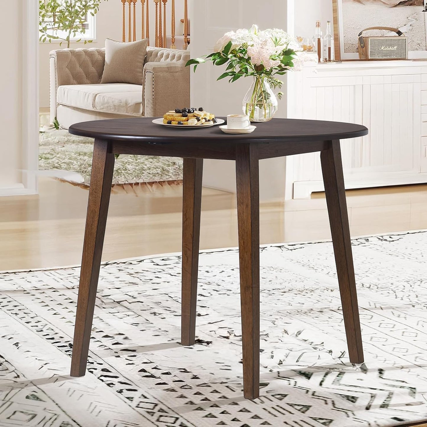 COLAMY 5-Piece Extendable Dining Table Set for 4, 36" Kitchen Round Wood Table with 4 Tufted Dining Room Chairs, Light Brown/Beige